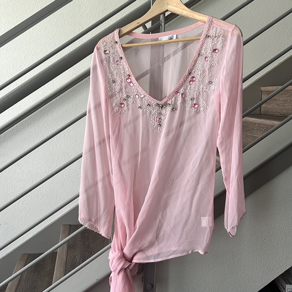 NWOT 100% Silk Pink Sheer Embellished Blouse, S/M